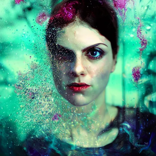 Prompt: portrait of alexandria daddario, by petros afshar, sabbas apterus, brian sum, ross tran, shattered glass, bubbly underwater scenery, radiant light