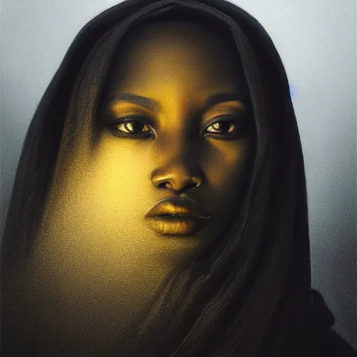 Image similar to a portrait of a young black woman wearing a long dark cloak, hood and shadows covering face, anatomically correct, beautiful perfect face, enigmatic, oil painting, matte painting, black background, Volumetric Golden dappled dynamic lighting, Highly Detailed, Cinematic Lighting, Unreal Engine, 8k, HD, by Beksinski