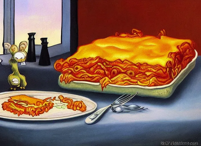 Image similar to detailed realistic surrealist painting of garfield eating lasagna at dusk, in the style of vincent van gogh and salvador dali and wayne barlowe