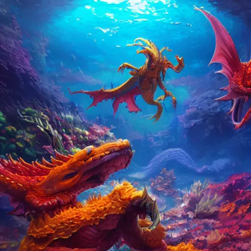 Prompt: ultrarealistic, dragon, floating under the sea, elegant, vibrant colors, ( ( ( koi colors ) ) ), octane render, jesper ejsing, james jean, justin gerard, tomasz alen kopera, cgsociety, fenghua zhong, makoto shinkai, highly detailed, rim light, art