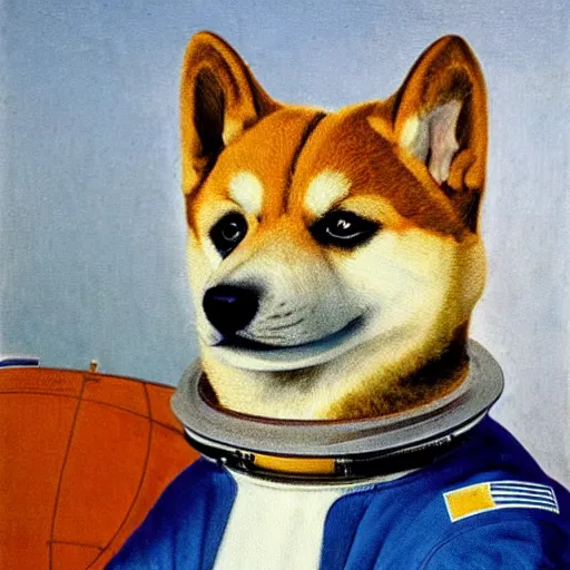 Prompt: portrait of a shiba inu astronaut, oil painting, 1 6 th century