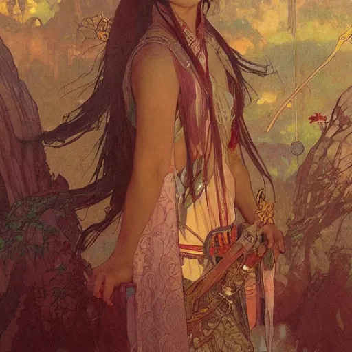 Prompt: Concept art, ancient Chinese girl, 8k, by james gurney, greg rutkowski, and john howe, background by alphonse mucha, artstation