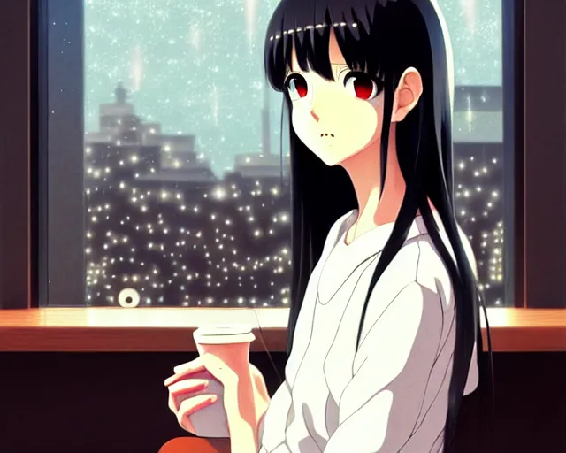 Image similar to beautiful anime girl with black hair and bangs, wearing a white sweater, fine details portrait, alone in a coffee shop, night time, bokeh. anime masterpiece by Studio Ghibli. illustration, sharp high-quality anime illustration in style of Ghibli, Ilya Kuvshinov, Artgerm