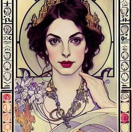 Image similar to ann hathaway portrait by louis - theophile hingre and alphonse mucha, realistic, sharp focus, zodiac signs, tarot cards, planets, ethereal, art nouveau, magic, moon, sun, crown, dreamy, royal, jewellery