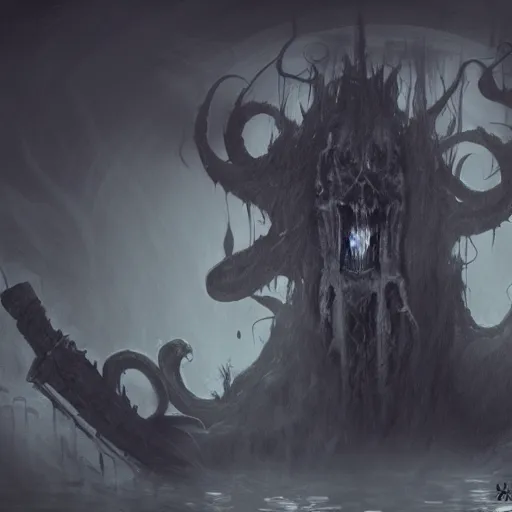 Prompt: C'thulhu eating the souls of the damned, concept art, dark mood, teror, cinematographic