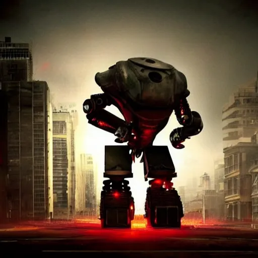 Prompt: Dreamt in `43.71s` for `!dream a bipedal military robot crushing a skull with its hands. Derelict cityscape. Red back lit. Ominous. Sci-fi film production photo. W 2048