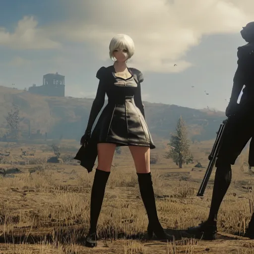 Image similar to Film still of 2B nier automata in a town from Red Dead Redemption 2 (2018 video game), concept art