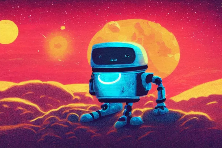 Image similar to a cozy robot laying on mars in the style of flooko, acrylic, art, detailed, moonlight, bokeh, synthwave, phychedelic, glitch, neon, retro, galaxy, glow, ambient lighting, cinematic lighting,