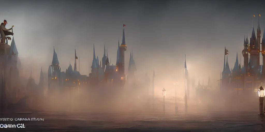 Image similar to cinematic, concept art, hyper realistic, symbolism, Orwellian Disney Land, defined architecture by Scott M Fischer, misty, foggy, depth of field, 8k, 35mm film grain, unreal engine 5 render