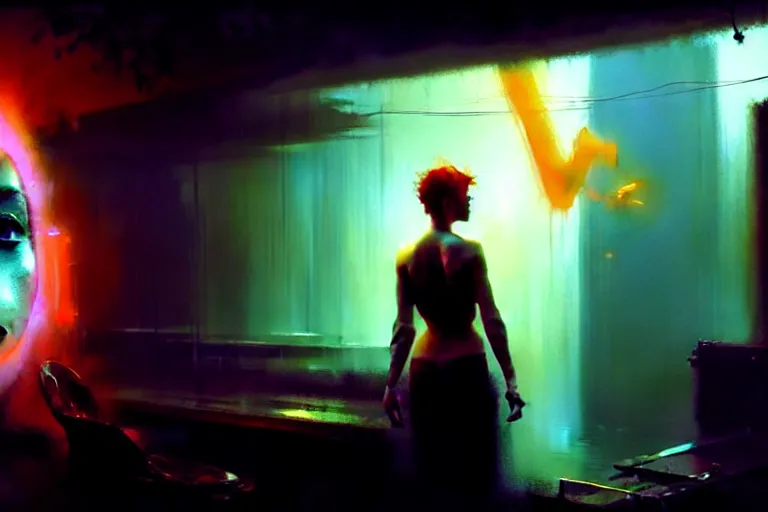 Image similar to surreal painting by craig mullins and greg rutkowski, owned to see a picture with a woman's face submerged in neon plasma, 8 k, unreal engine, cinematic lighting, hyperrealism, cinematic in the style of kronenberg