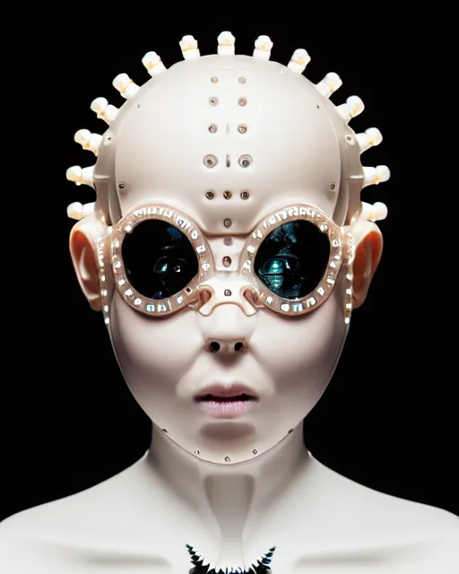 Image similar to symmetrical portrait of a biomechanical cyborg wearing a silicone swarovski studded iridescent beauty mask and neon hair buns, wearing a black bodysuit by alexander mcqueen, cream white background, soft diffused light, biotechnology, humanoid robot, bjork aesthetic, translucent, by rineke dijkstra, intricate details, highly detailed, masterpiece,