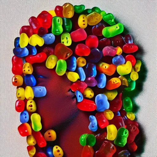 Prompt: Portrait a person made out of gummy bears