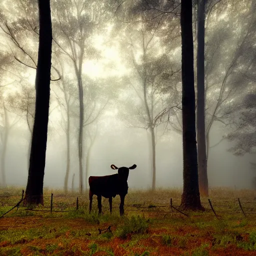 Image similar to Highly realistic painting of a cow standing in the middle of a dark forest, oak trees, fog, moody lighting, volumetric lighting