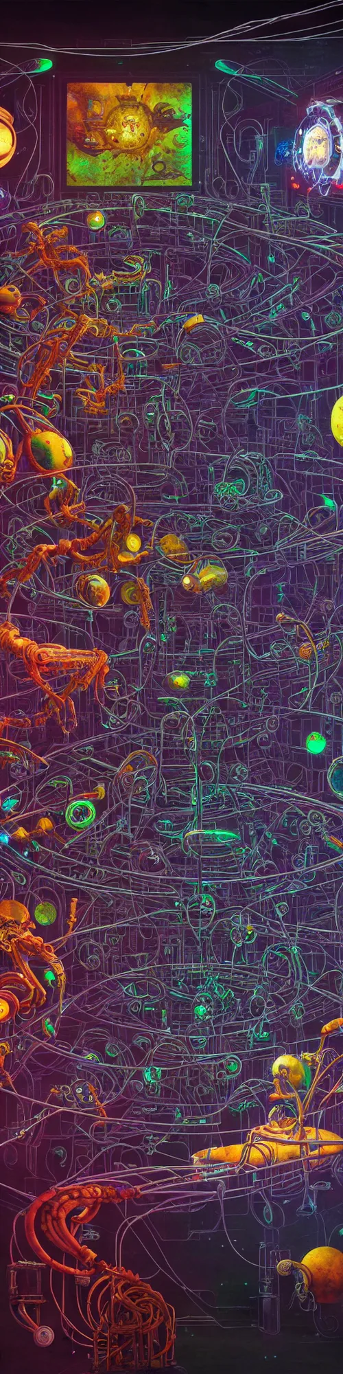 Prompt: epic mural of bio mechanical game console being made from the souls of dying star systems, loose wires, rgb tubing ripped, greg rutkowski, basil wolverton, hr giger, cubism, muted but vibrant color pallet