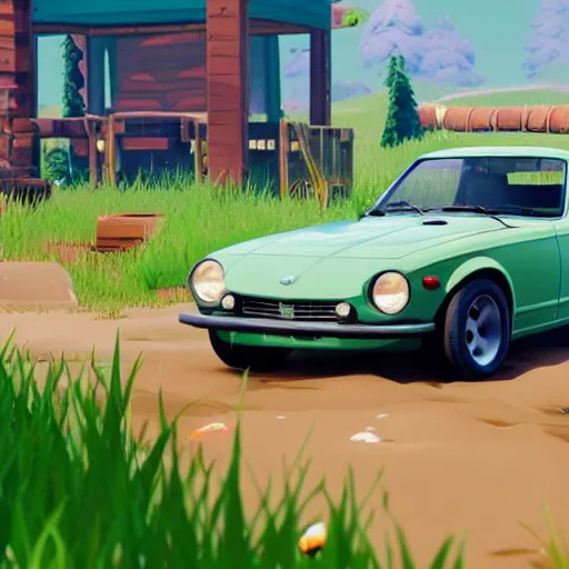 Image similar to a cartoon 1 9 7 0 datsun 2 4 0 z in fortnite, unreal engine