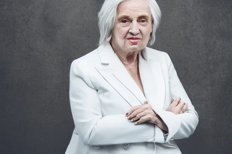 Prompt: a realistic studio cinematic headshot portrait of an old beautiful woman on top of skyscaper, wearing futuristic white suit, ceo, 4 k, ultra realistic, dramatic lighting, rain, clouds, fog, vogue, fashion, magazine spread, by annie leibovitz