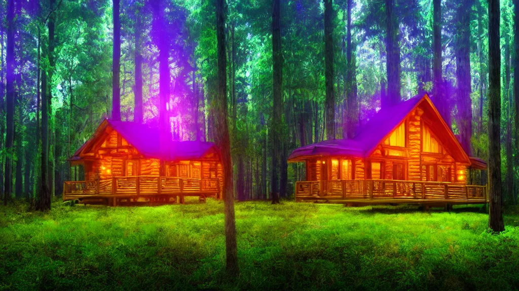 Image similar to portrait of an ethereal vaporwave log cabin made of golden purple and green light, evergreen forest, divine, cyberspace, mysterious, high-contrast, 4k, award-winning photograph