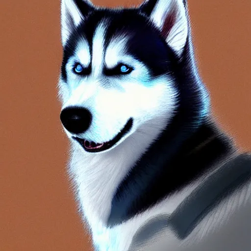 Image similar to a husky wearing a black jacket with blue eyes, art station