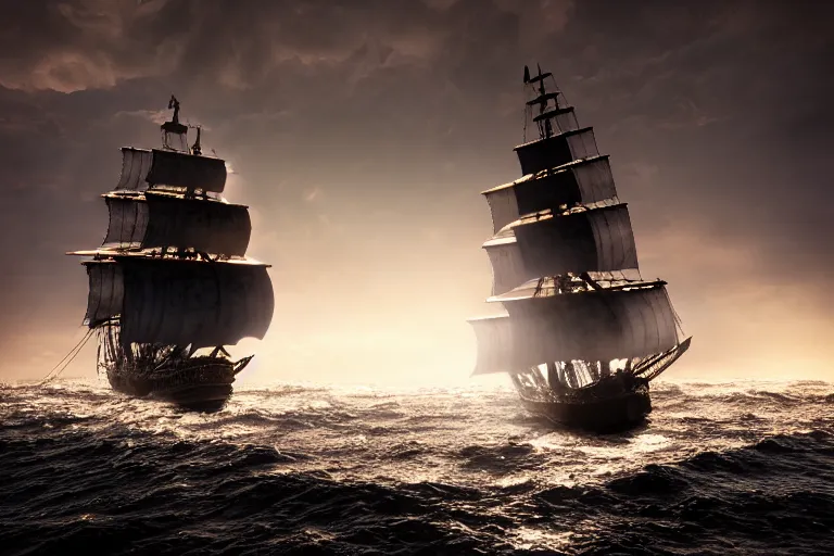 Image similar to the black pearl from pirates of the caribbean sailing across rough and cruel seas, volumetric lighting, f 8 aperture, cinematic eastman 5 3 8 4 film