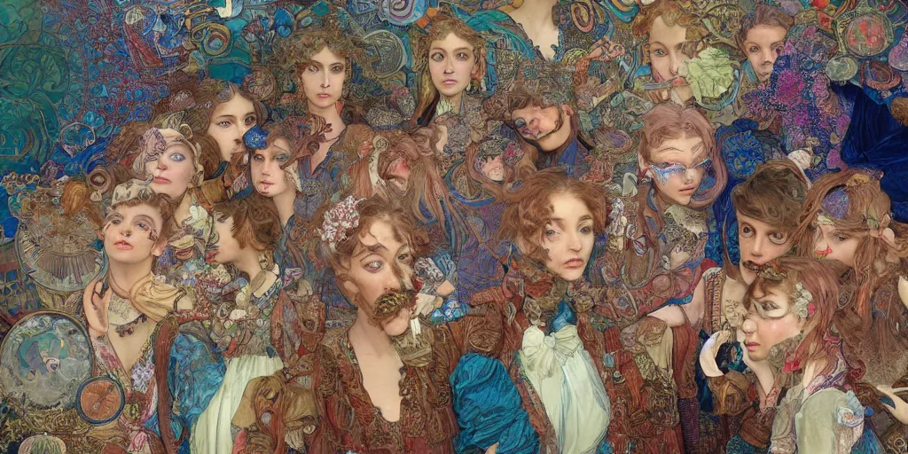 Image similar to detailed colour masterpiece of photography group portrait of people sat down extreme closeup, in the inside of the beautiful underwater crowded train to atlantis, detailed realistic expressions, wearing unusual clothes, by mucha