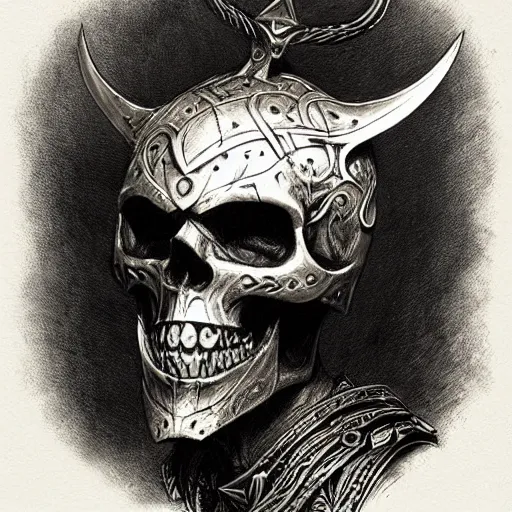 Prompt: viking king wearing a skull mask, engraving, concept art, elden ring, illustration, smooth, sharp focus, by gustave dore and greg rutkowski