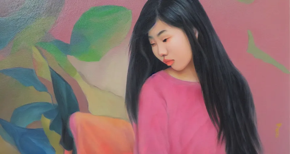 Prompt: a gen z teenage asian girl, oil painting by mai trung thu