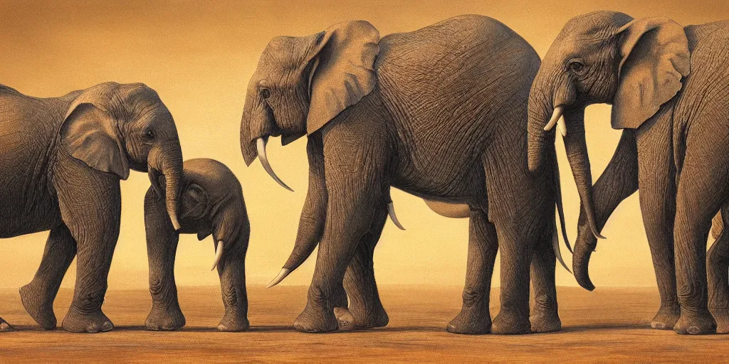 Image similar to two adult elephants comfort a baby elephant, golden hour, savannah, illustration, detailed, smooth, soft, warm, by Adolf Lachman, Shaun Tan, Surrealism