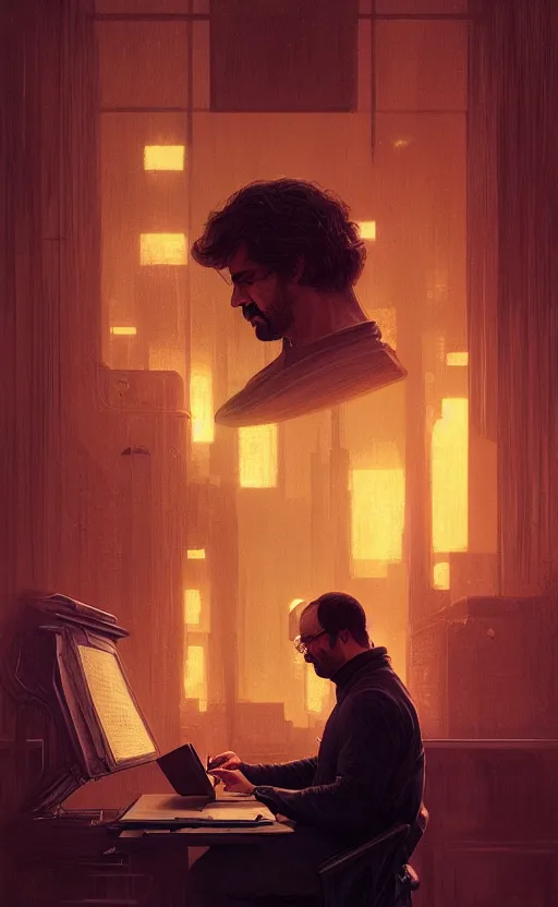 Image similar to portrait of salman rushdie writing in the dark, deep focus, blade runner 2 0 4 9, fantasy, intricate, elegant, highly detailed, digital painting, artstation, concept art, matte, sharp focus, illustration, art by artgerm and greg rutkowski and alphonse mucha