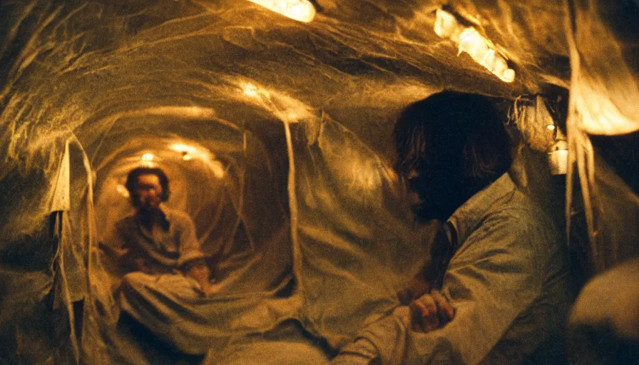 Prompt: 1 9 7 0 s movie still of a man in a barque in a moth tunnel, cinestill 8 0 0 t