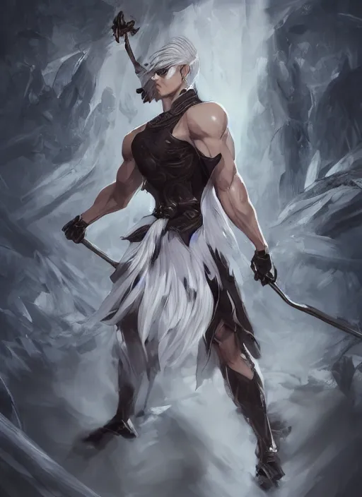 Image similar to a highly detailed illustration of fierce short white haired parted through the middle young attractive asian man, wearing hakama, with black sclera eyes, heroically battle posing, muscular, intricate, elegant, highly detailed, centered, digital painting, artstation, concept art, smooth, sharp focus, league of legends concept art, WLOP