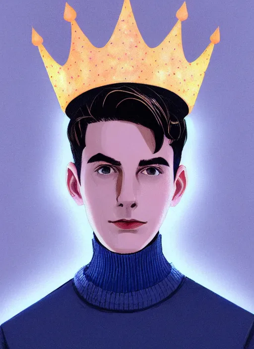 Image similar to portrait of teenage jughead jones wearing a light grey crown, crown, blue turtleneck, 1 9 5 0 s, closed eyes, photorealistic, black hair, glowing lighting, intricate, elegant, glowing lights, highly detailed, digital painting, artstation, concept art, smooth, sharp focus, illustration, art by wlop, mars ravelo and greg rutkowski