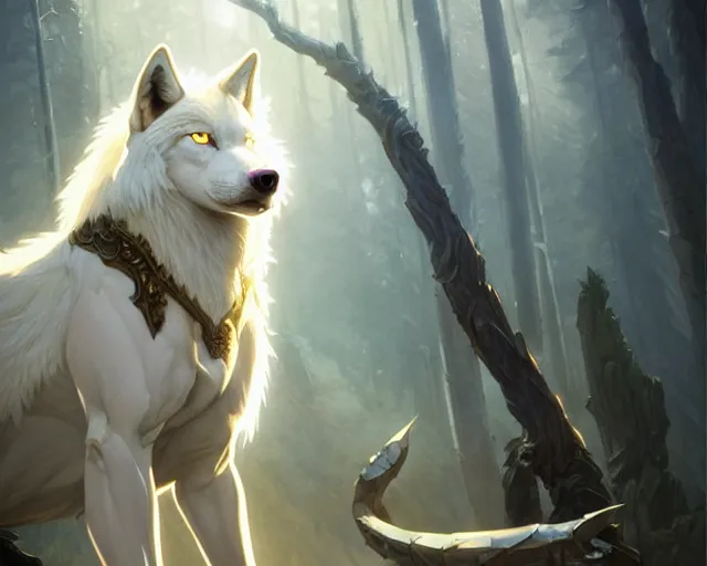 Image similar to full body albino wolf with blue eyes, backlight, rim lighting, deep focus, d & d, fantasy, intricate, elegant, highly detailed, digital painting, artstation, concept art, matte, sharp focus, illustration, hearthstone, art by artgerm and greg rutkowski and alphonse mucha