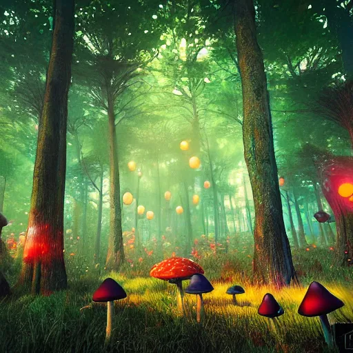 Image similar to a forest of magic mushrooms, trending on artststion, by unreal engine. hyperdetailed, realistic, psychedelic, night