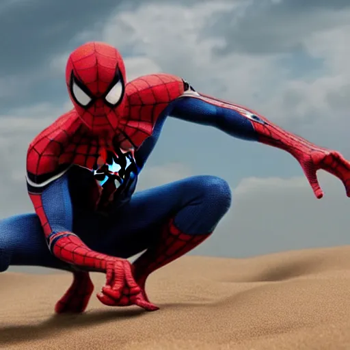 Prompt: cinematic scene of Spiderman slowly becoming sand , shocking