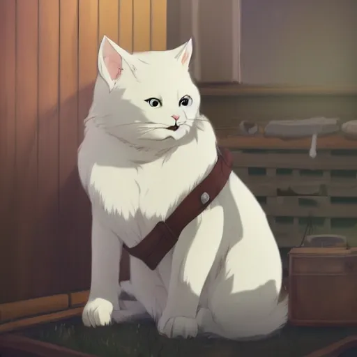 Prompt: overweight white cat cat wearing overalls and a long sleeved sweater, fursona, anthro, male, anime key visual, detailed white fur, makoto shinkai, portrait