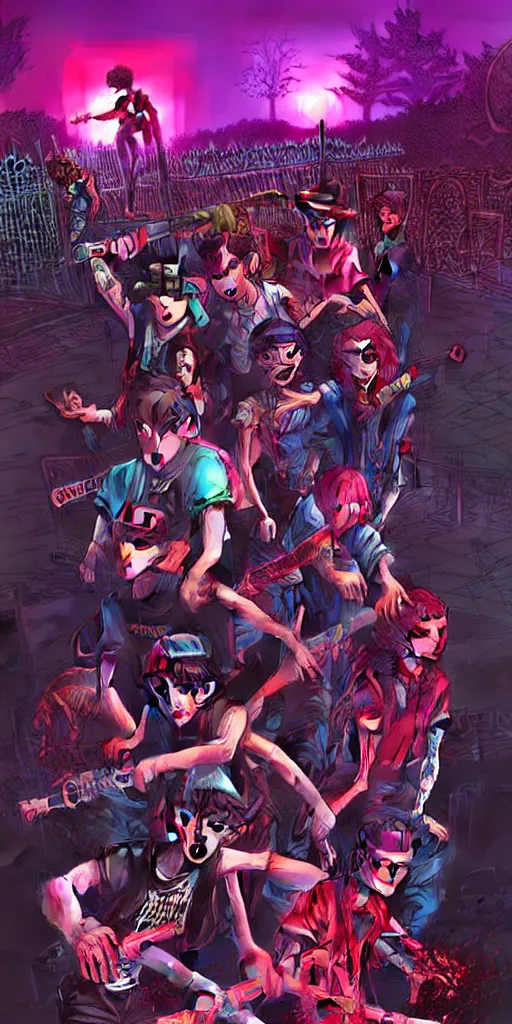 Image similar to young punk rockers fighting against zombies at the playground, by baseball bat in the retro wave stranger things style, neon colors, hyper detailed, digital art, cinematic lighting, concept art by artgerm and greg rutkowski and caravaggio and moebius and jakub rebelka, 8 k