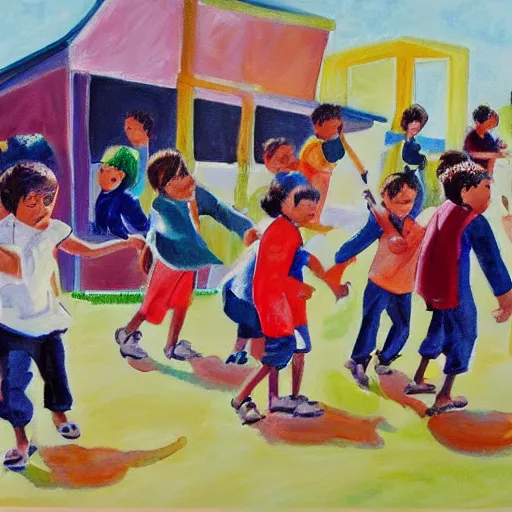 Image similar to painting of children in a schoolyard knife fight