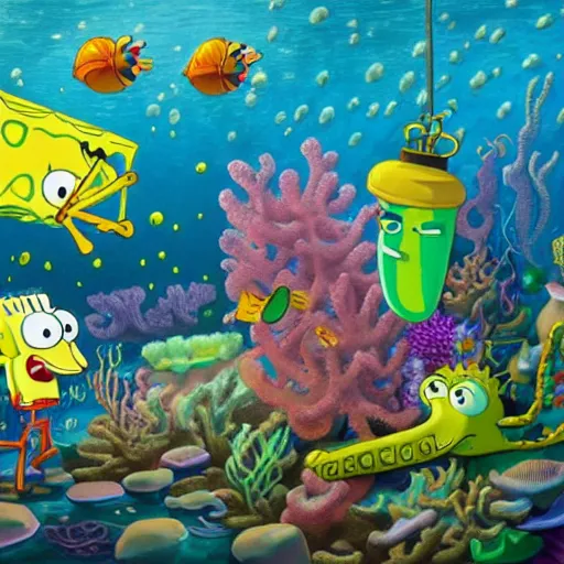 Image similar to spongebob squarepants and squidward smoke weed under the sea, extremely detailed oil painting, high clarity, highly detailed, abstract, deep aesthetic, 8 k, highly ornate intricate details, cinematic lighting, rich colors, digital artwork, beautiful scenic view, ray tracing, hyperrealistic, photorealistic, cinematic landscape, trending on artstation, concept art,