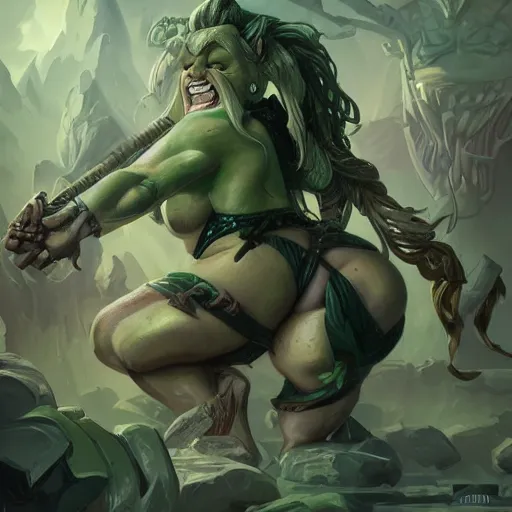 Image similar to muscular female ogre, green face, deep focus, d & d, fantasy, intricate, elegant bikini, highly detailed, digital painting, artstation, concept art, matte, sharp focus, illustration, hearthstone, art by artgerm and greg rutkowski and alphonse mucha