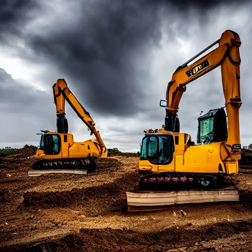 Image similar to 4 k hdr wide angle two heavy duty excavators posed as instagram model women kissing eachother during a stormy evening sony a 7