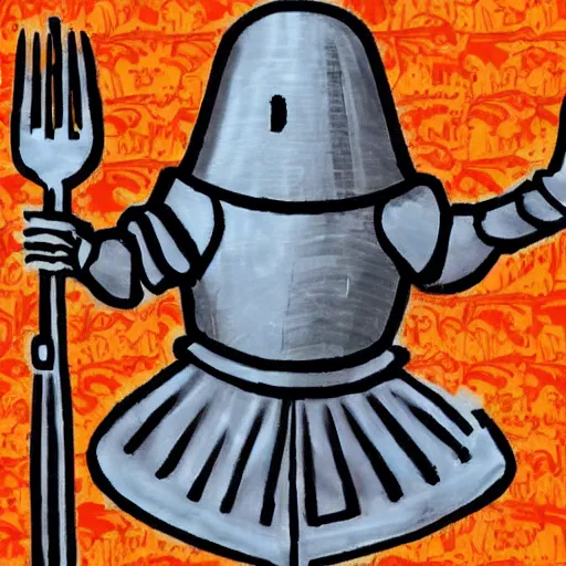 Prompt: a knight with a mighty fork in hand