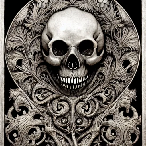 Image similar to memento mori by arthur rackham, art forms of nature by ernst haeckel, photorealistic ultra - detailed octane render, art nouveau, gothic, ornately carved beautiful skull mask dominant, intricately carved ornamental antique bone, art nouveau botanicals, art forms of nature by ernst haeckel, horizontal symmetry, symbolist, visionary