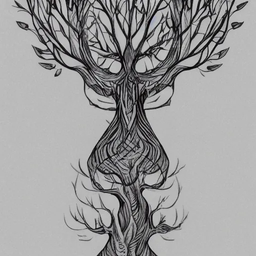 Image similar to a detailed tattoo outline of a woman who looks like a tree, 4k, illustration, sharp focus
