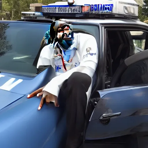 Image similar to Snoop Dogg is sitting in a police car wearing a cap C-13