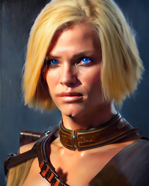 Prompt: full body character art of beautiful female huntress, pretty face, symmetrical features, short blonde hair, by james gurney, volumetric lighting, detailed, oil painting