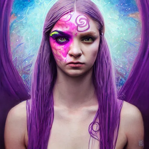 Image similar to detailed art portrait of a furious teen girl with thin, hair-like purple tentacles on her head and bright purple eyes, 8k,by tristan eaton, Stanley Artgermm,Tom Bagshaw,Greg Rutkowski,Carne Griffiths,trending on DeviantArt, face enhance,hyper detailed ,full of colour, dramatic light