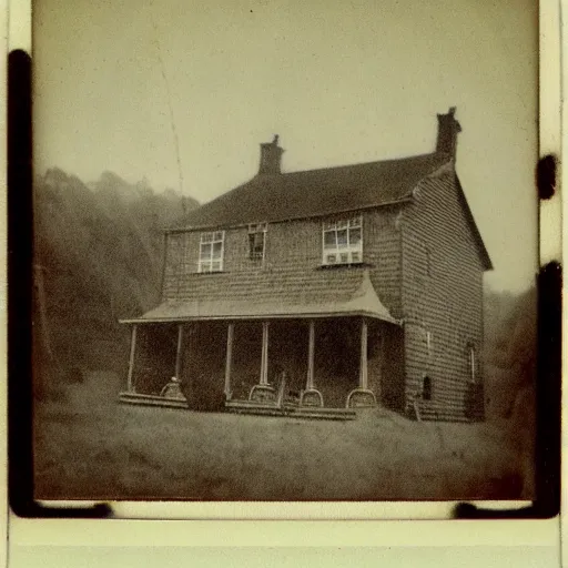 Image similar to A 1900's polaroid photograph of a spindley scary stick monster with bright eyes standing in front of a house