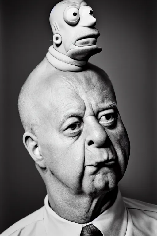 Image similar to extremely detailed studio portrait of man, 4 0 years, homer simpson lookalike, looks like a real life version of homer simpson, soft light, black background, fine skin details, award winning photo by yousuf karsh