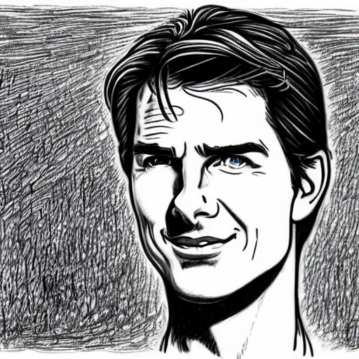 Image similar to a portrait drawing of Tom Cruise drawn by Robert Crumb