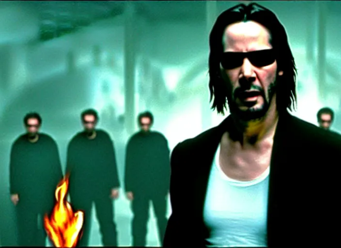 Image similar to Movie still of Keanu Reeves as Neo in The Matrix movie doing a thumb up to the camera in front on burning servers, servers in flames in the background, doing a thumb up, The Matrix servers on fire, uncropped, full body, crispy, symmetrical face, ultra detailed, cinematic, thumb up, double thumb up to the camera